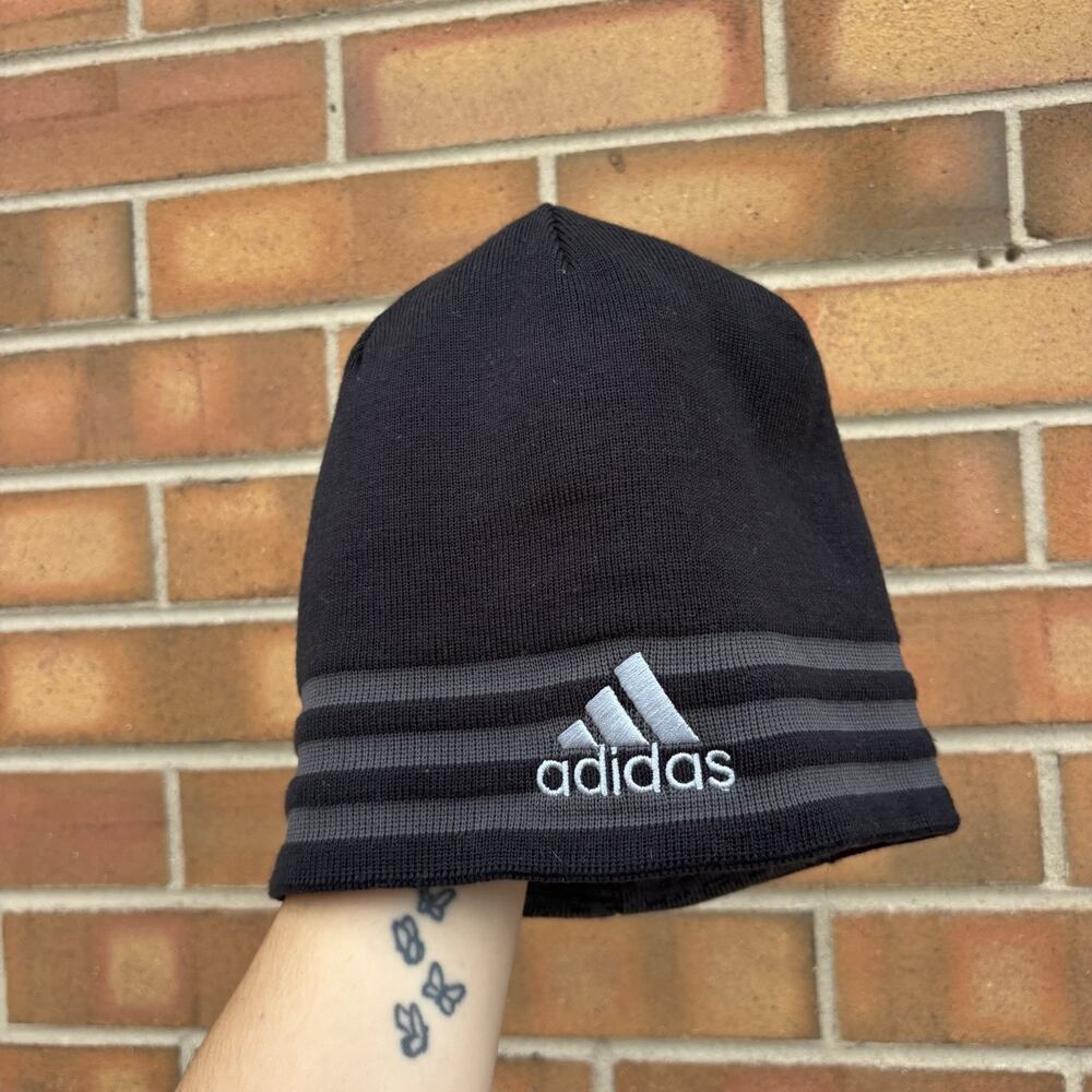 NWT Adidas Eclipse Reversible 3 Beanie Mens Black Grey Striped Heathered Knit
